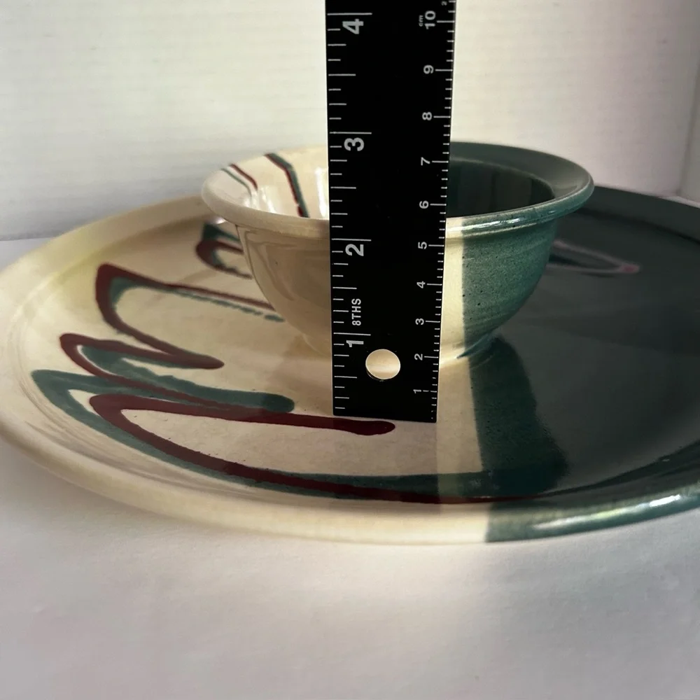 Chips and Salsa ArtisanStudio Pottery Serving Dish Jade Green Cream and Burgundy